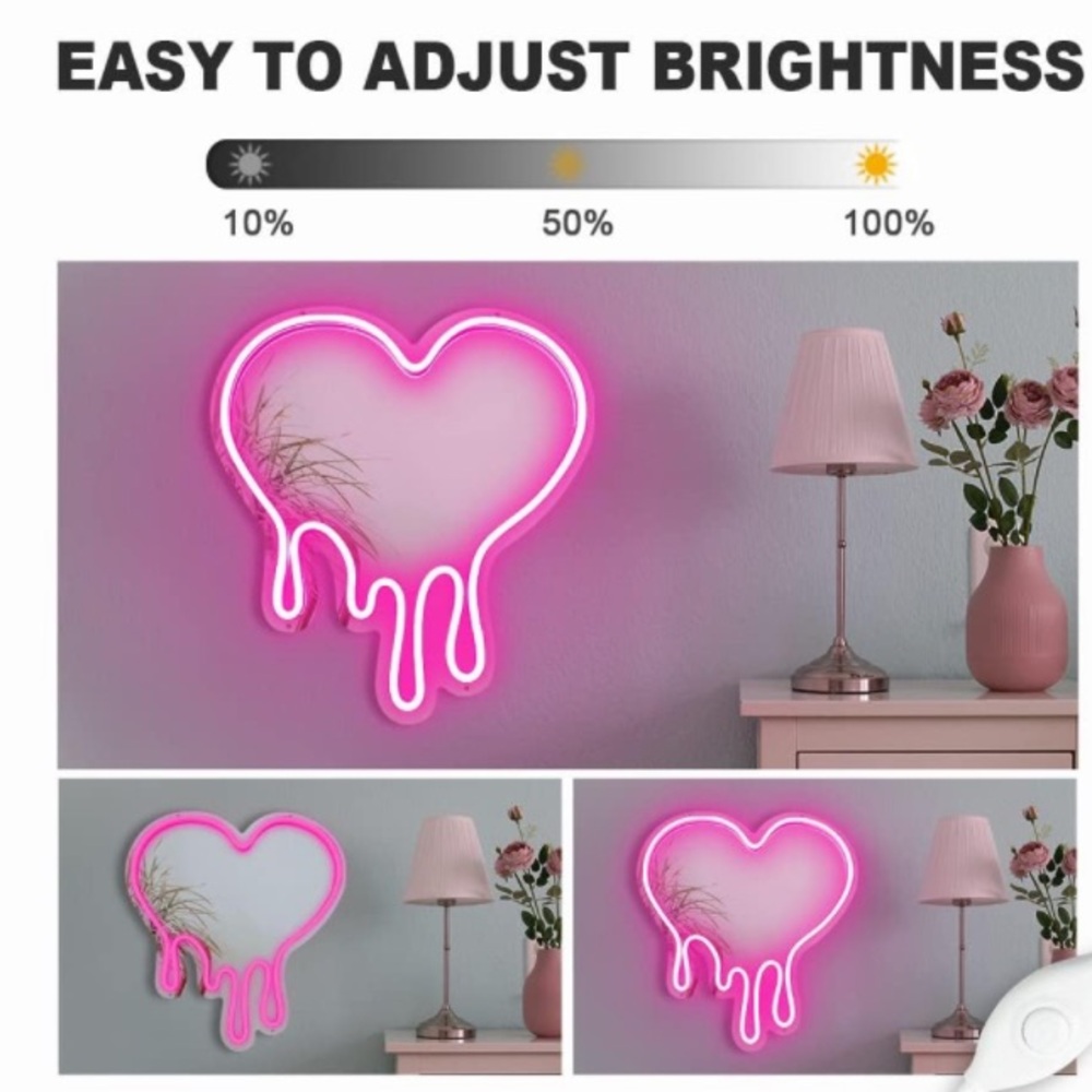 Pink Mirror Neon Light melting heart adjustable brightness dripping heart - Picture 6 of 9